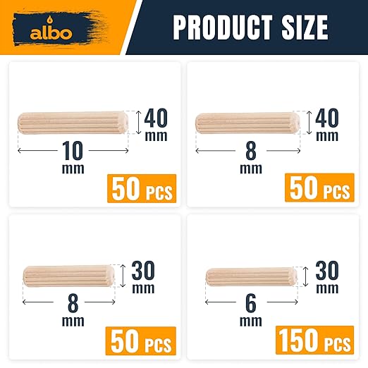 ALBO Wooden Dowel Pins 300 Pack Assorted Sizes 6?30 / 8?30 / 8?40 / 10?40 mm, Fluted Wood Dowels Rods Hardwood Crafts Dowel Pegs