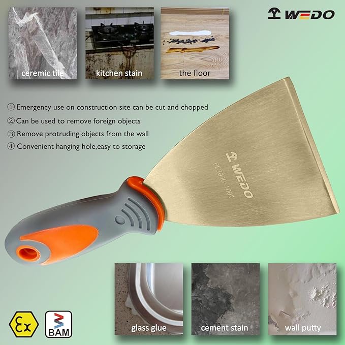 WEDO Non-Sparking Putty Knife Scraper with Fiberglass Handle,Blade 100mm(4"),Spark-free Safety Paint Scraper,Aluminum Bronze,Corrosion-Resistance,Paint Scraper,BAM & FM Certificate