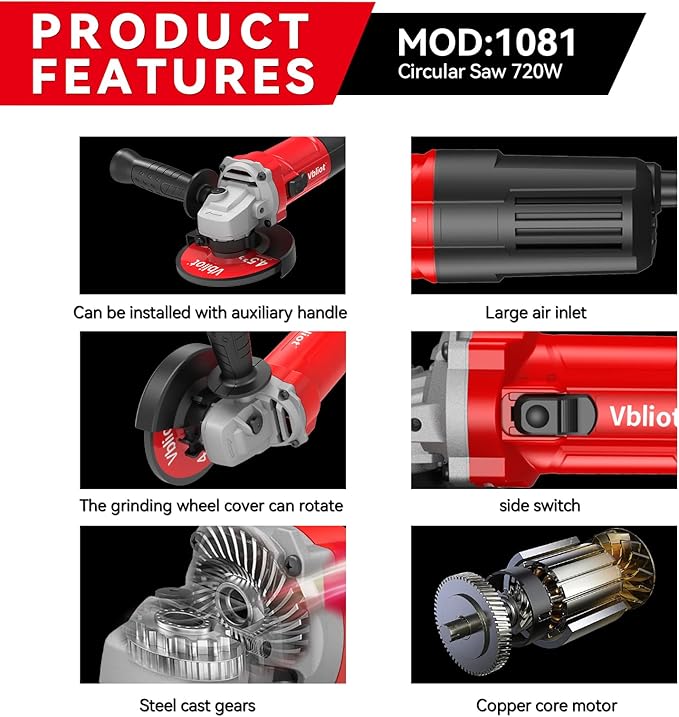 710W Electric Angle Grinder Tool 6A 4-1/2 Inch with 360 Rotational Guard 11000RPM Power Tool for Cutting and Grinding Metal Stone Wood Polishing, Red
