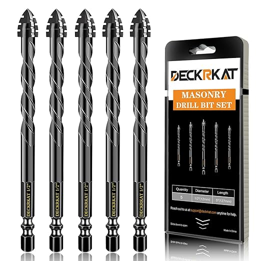 DECKRKAT Upgraded 5-Piece 1/2 Inch Black 4-Flute Serrated Masonry Drill Bits - Concrete, Tile, Glass, Brick, Ceramic, Plastic, Wood