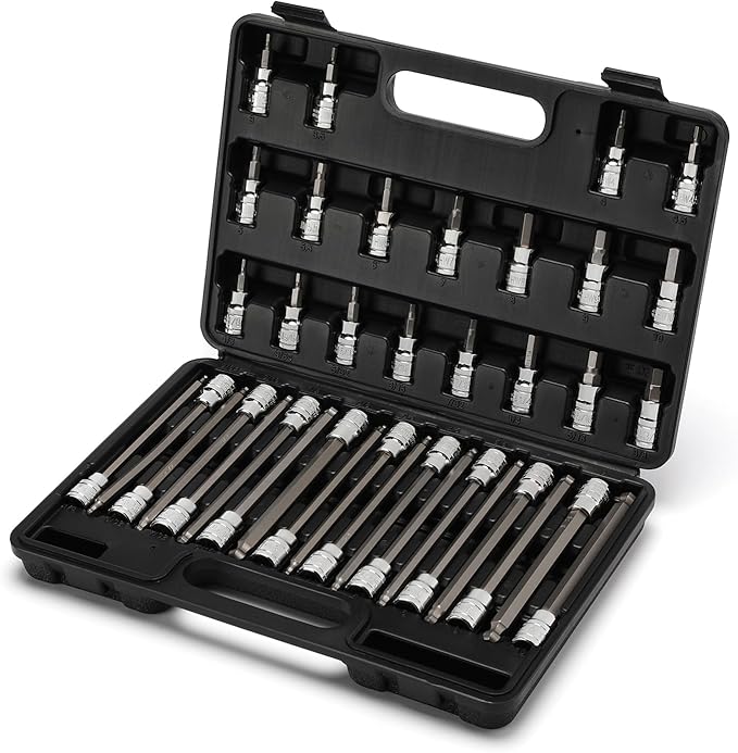 EMENTOL 38PCS 3/8" Drive Hex Bit Socket Set, CR-V, S2 Steel, SAE/Metric, Extra Long Ball-End and Standard Allen Hex Bit Socket Set, 1/8 Inch - 3/8 Inch, 3mm - 10mm