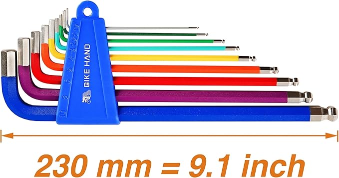 BikeHand Heavy Duty Precise Bike Bicycle Head Hex Allen Wrenches Set - 9 Pieces - with Long Arm Ball End - 1.5/2/2.5/3/4/5/6/8/10mm - Colored