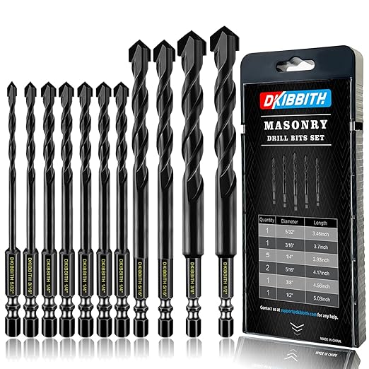 11-pc Masonry Drill Bits Carbide Concrete Drill Bit Set for Stone Tile Brick Ceramic Glass Metal Sheet Plastic and Wood, Quick Change 1/4" Hex Shank, Size 5/32??3/16" 1/4" 5/16" 3/8" 1/2" with Case