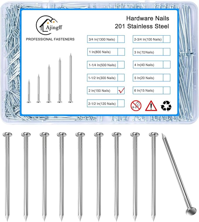 150PCS Galvanized Steel Hardware Nails with Storage Box, 2 Inch Flat Head Nails for Hanging Pictures and Woodworking, Picture Hanging Nails, Long Nails, Wall Nails, Wood Nails, Finishing Nails