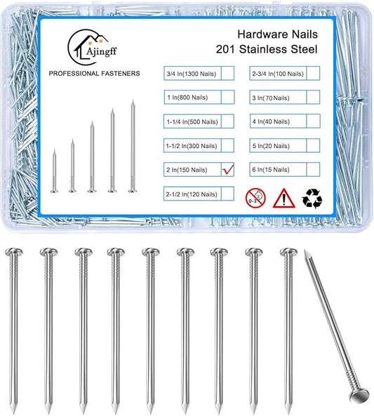 150PCS Galvanized Steel Hardware Nails with Storage Box, 2 Inch Flat Head Nails for Hanging Pictures and Woodworking, Picture Hanging Nails, Long Nails, Wall Nails, Wood Nails, Finishing Nails