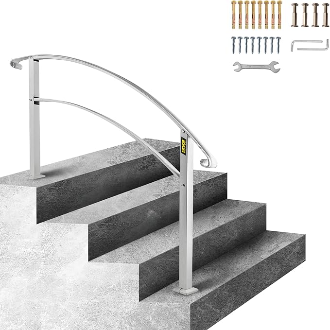 VEVOR Handrail for Outdoor Steps, 3-4 Steps White Arch#1, Adjustable Metal Staircase Railing, Thickened Stair Railings for Porch, Deck