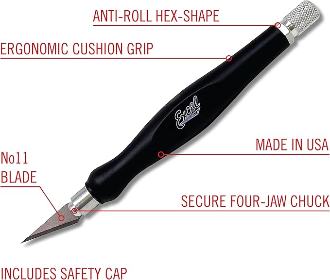 Excel Blades Fit Grip Craft Knife With #11 Ultra-Sharp Carbon Steel Angled Blade ??Precision Craft Knife With Contoured Rubberized Grip For DIY, Art, Hobby, And Model Projects ??Black, Made In The USA
