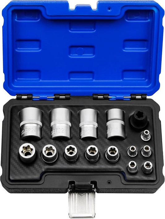15pc External Torx Plus Socket Set Compatible with Tesla, 6 Point EP Sockets EP4, EP5, EP6, EP7, EP8, EP10, EP11, EP12, EP14, EP16, EP18, EP20, EP22, EP24 with 1/2'' 3/8'' 1/4'' Dr, 5 Point CR-V