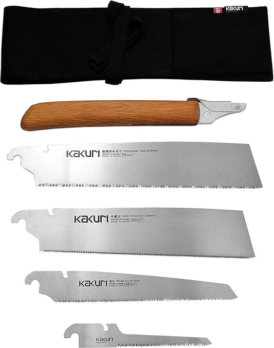 KAKURI Japanese Pull Saw Set for Standard Woodworking - Universal Cut 10.5", Semi-Fine Cut 10", Rough Cut 8.2", Keyhole 4" - Red Oak Handles with Oil Finish, Canvas Carrying Case - Made in Japan