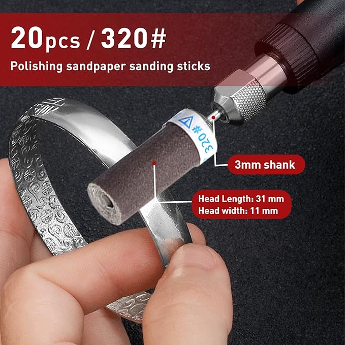 20Pcs 320 Grit Sanding Drums Sandpaper Sticks Set with 1/8"(3mm) Shank for Dremel Rotary Tool, Suitable for Metal Rust Removal/Jade Polishing/Stone Grinding