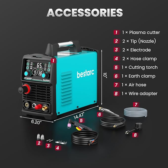 bestarc Plasma Cutter, [Pilot Arc] [Large LED Display] [Air Sensor] 65A bestarc Plasma Cutter Machine 110/220V Dual Voltage, 5/8 Inch Clean Cut 1 Inch Max Cut, Post Flow 2T/4T for Beginners DIY