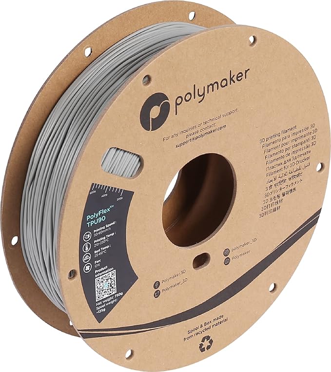 Polymaker TPU Filament 1.75mm Grey, 0.75kg Shore 90A Flexible 3D Printer Filament 1.75mm - PolyFlex TPU90 3D Printing TPU Filament 0.75kg Grey Soft Flexible Filament
