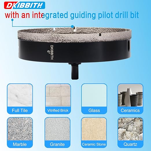 6" Diamond Hole-Saw Bits with Pilot Drill Bit 6 in Diamond Tipped Tile Hole Saws with Guiding Bit for Accurate Drilling, for Porcelain Tile Ceramic Pottery Granite Stone Glass Bottles 152mm