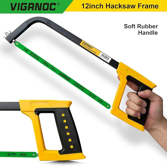 Hand Saw, 12-Inch Hacksaw with 24 TPI Bi-metal Blade, High-Tension Handsaw Frame Suitable for Metal, Wood Working