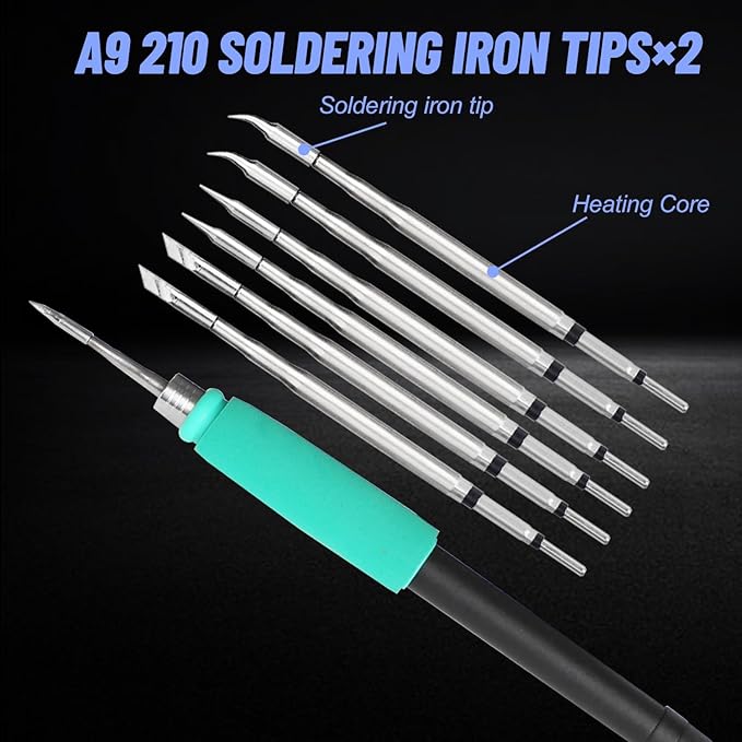 SUGON A9 210 Precision Soldering Station, Fast heating to 716째F in 2 seconds, 120W Soldering Iron Station kit with 6 Soldering Iron Tip, 3 Preset temperature, 212-842?? Soldering Iron Replacement Rack