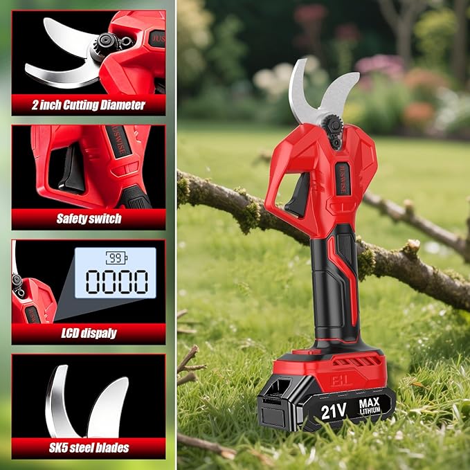 Electric Pruning Shears竊? inch (50mm) Cutting Diameter Electric Pruner with LCD Display 2 * 2.0Ah Batteries Brushless Cordless Garden Shears for Branch,Fruit,Yard and Tree Trimming