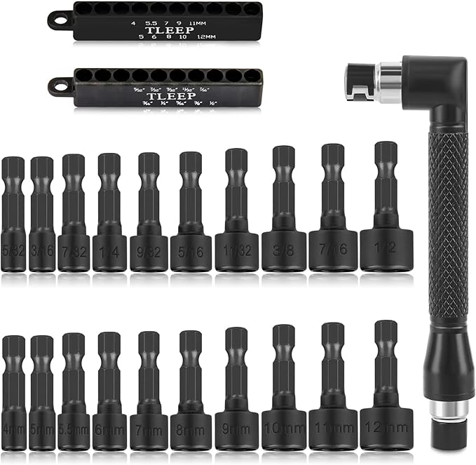 20 x Power Nut Driver Set for Impact Drill, SAE and Metric 1/4??Hex Head Drill Bit Set with 1/4" Double Hex Head L Type Wrench, Chrome Vanadium Steel Screwdriver Socket Set, Black Tool