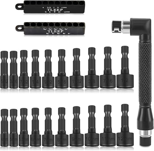 20 x Power Nut Driver Set for Impact Drill, SAE and Metric 1/4??Hex Head Drill Bit Set with 1/4" Double Hex Head L Type Wrench, Chrome Vanadium Steel Screwdriver Socket Set, Black Tool