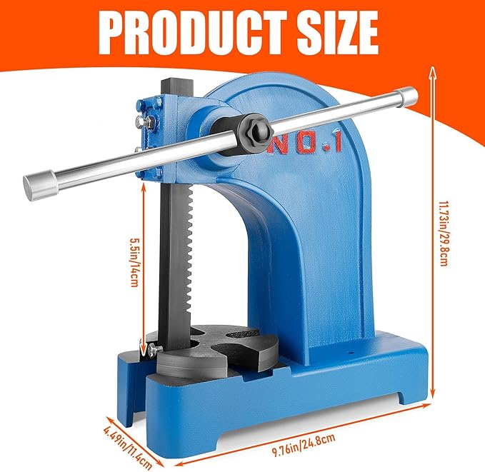 Arbor Press, 1 Ton Arbor presses, 5.5 Inch Max Height, Cast iron material, Manual Press is Suitable for Punching, Bending, Stretching and Forming Tasks in Workshops and Garages (1T Blue)