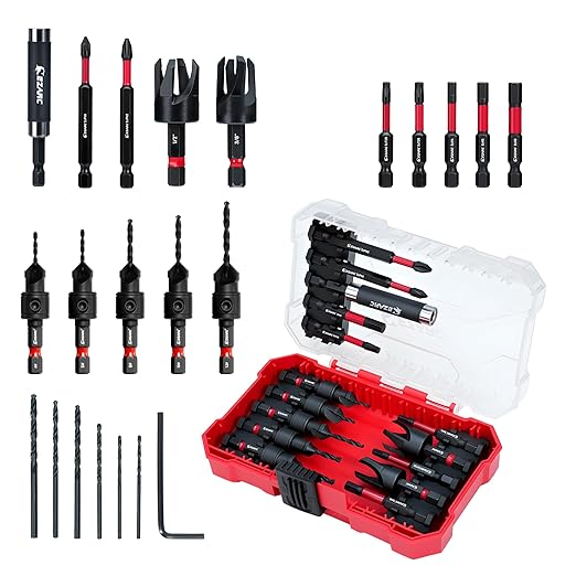EZARC Countersink Drill Bit Set, 22 PCS Counter Sink Drill Bit with 2 Wood Plug Cutters, Magnetic Extension Bit Holder, Screwdriver Bits, 1/4" Hex Shank for Woodworking with Storage Box