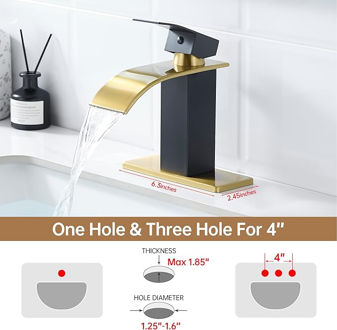 FRANSITON Waterfall Bathroom Faucet Lavatory Single Handle 1 or 3 Hole Bathroom Sink Faucet Washbasin Faucet with Deck and Pop-up Drain (Black & Gold, Short)