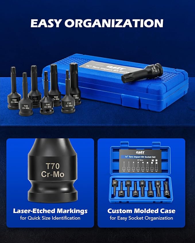 Orion Motor Tech Torx Bit Socket Set, 8pc 1/2" Drive Impact Torx Bit Socket Set T30 T40 T45 T50 T55 T60 T70 & T80 Sockets, Cr-Mo Steel Torx Impact Socket Set for Fastener Replacement with Carry Case