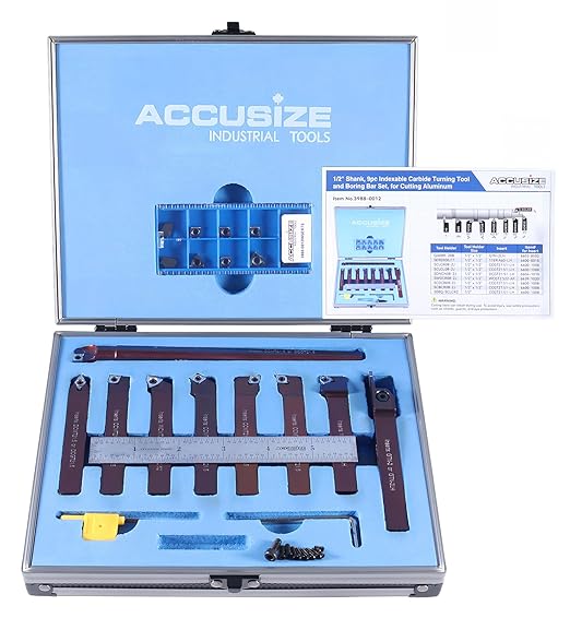 Accusize Industrial Tools 1/2'' Shank 9pc Indexable Carbide Turning Tool & Boring Bar Set for Cutting Aluminum, 3988??012