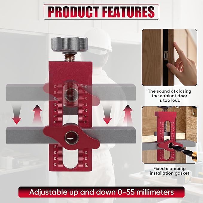 Cabinet Door Mounting Jig 2-in-1 Mounting Tool with Quick Edge Positioner,Adjustable Cabinet Door Installation Positioner,Cabinet Door Positioning Tool Jig for Most Cabinet Doors(Red)