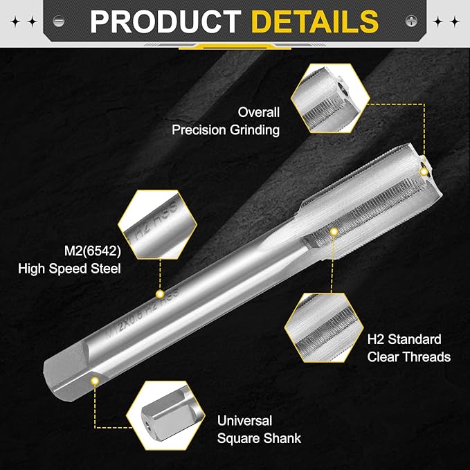 uxcell Hand Plug Tap M12 x 0.5 H2 Metric Thread Plug Style Taps Straight Flute Screw Tapping Threading Tool High Speed Steel HSS6542