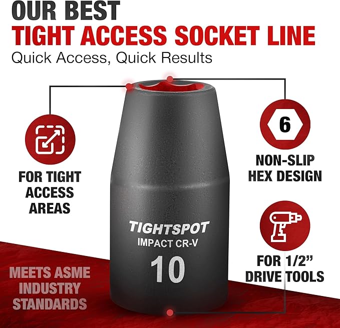 TIGHTSPOT 1/2 Inch Drive - 10mm Shallow Impact Socket with Anti-Rounding 6 Point Design, Heat-Treated CRV Steel, Metric