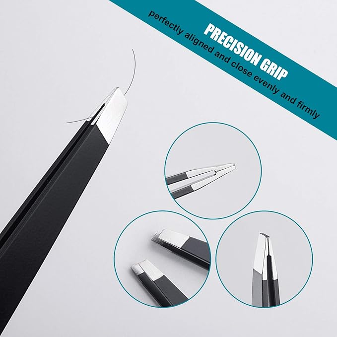 LePinko 2PCS Tweezers Set for Women and Men, Precision Tweezer kit for Ingrown hair, Facial Hairs, Chin Hair, and Splinter Removal, Professional Eyebrow Plucker Tweezers, Black