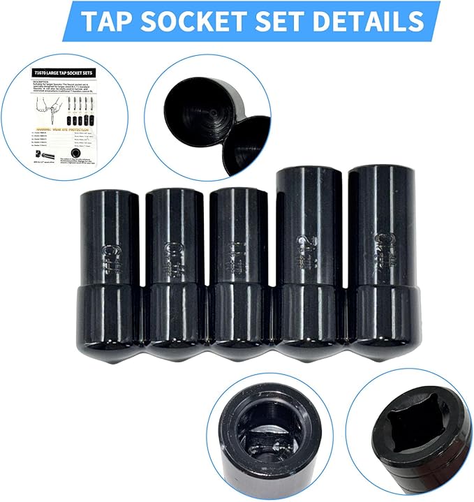 71670 Large Tap Socket Set 5 pcs Compatible with 5/8" 11/16" 3/4" 7/8" and 1" Taps with 1/2" Drive Fits MCTI Standard Taps