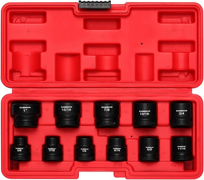 CASOMAN 11PCS 1/2" Drive Stubby Impact Socket Set, Low Profile, 3/8" - 1", SAE, CR-MO, 6-Point, 11 Pieces Shallow Socket Set for Automotive Maintenance, Repairs and DIY, for Tight Areas