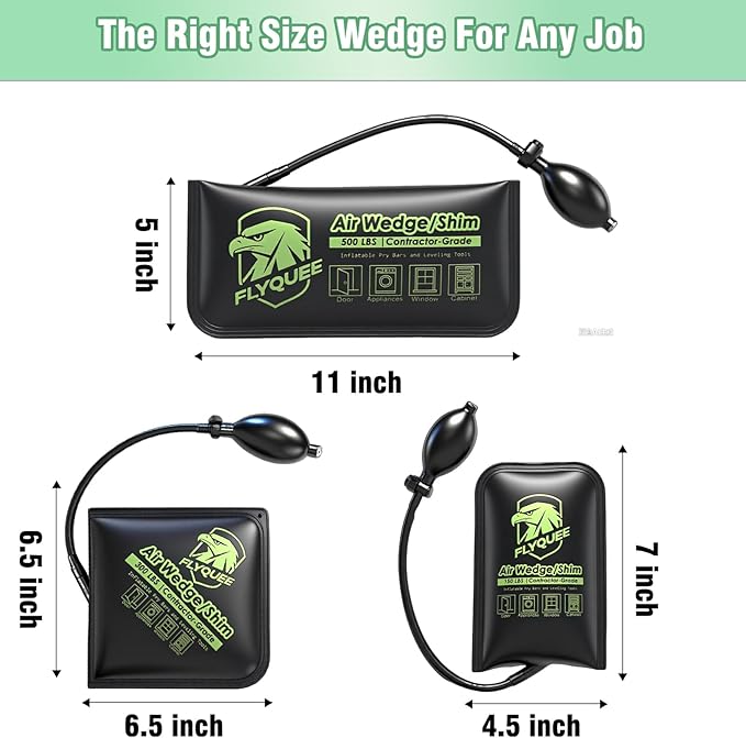 3 Sizes Air Wedge Shim, Contractor-Grade Alignment Air Pump Wedge Bag Tool, Inflatable Pry Bar and Leveling Tool, Maximum 500 LB Rating