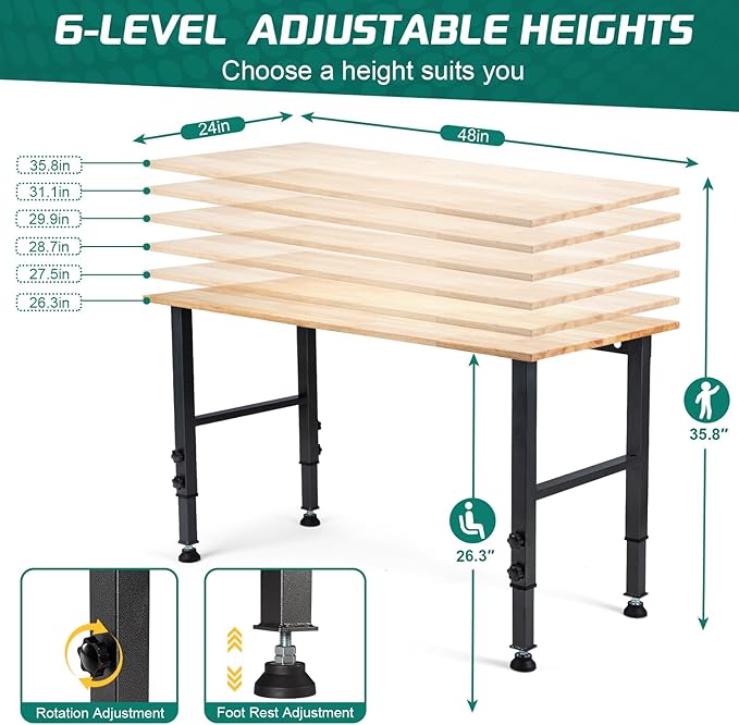 48 "Adjustable Workbench, Heavy Duty 2000 LBS Load Capacity Hardwood Workbench Suitable for Workshop, Office, Garage, Home (Rubber Pad訝쭼o Power Outlets 48"x24")