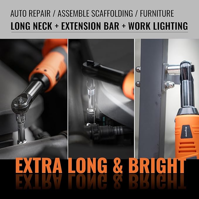 3/8" Extended Electric Ratchet Wrench Set, 45ft-lbs Cordless Long Neck Power Ratchet Wrench Kit with 2pcs Batteries, LED Light, 9 Sockets, Toolbox, Variable Speed, For Housework, Car Repair