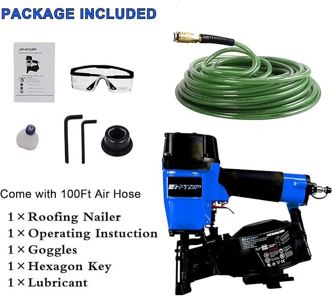 BHTOP CN45N Roofing Nailer with 100Ft Air Hose, 15 Degree Roofing Nail Gun, 3/4-Inch to 1-3/4-Inch Coil Nails, 120-pcs Load Capacity Coil Nailer in Blue
