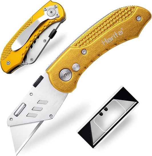 Box Cutter Heavy Duty Utility Knife, Razor Knife, Lightweight Aluminum Handle, Back-lock Mechanism, Stainless Belt Clip, with 5-piece Extra Blades, for Carpet, Carton, Box, Cardboard Yellow