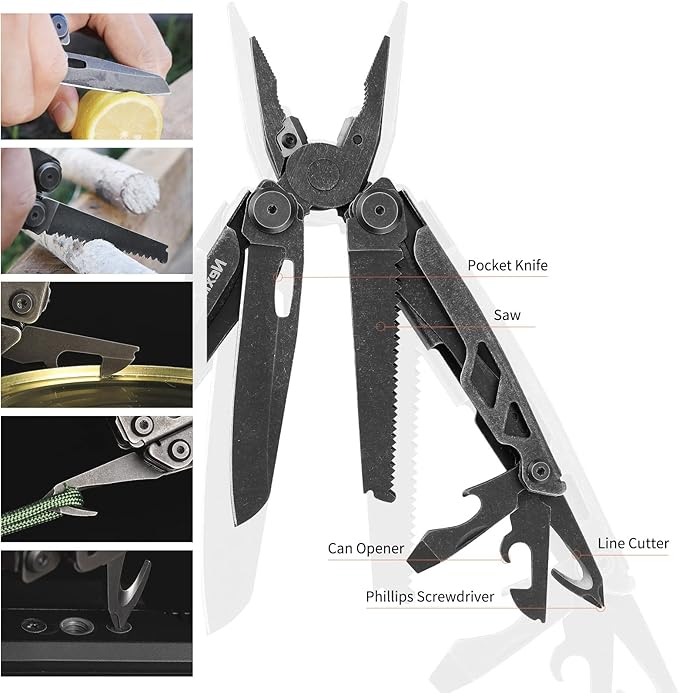 NexTool Heavy Duty Multitool Pliers with Pocket Scissors, Replaceable Wire Cutters, Nylon Sheath, Folding Multitool Knife with Safety Lock for Camping, Survival, Home Repair, DIY