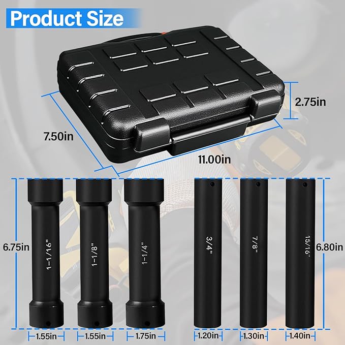 Drive Extended Length Impact Socket Set 6 Pack 1/2 Inch Drive Crank Bolt Socket Set Include Sizes 3/4", 7/8", 15/16", 1-1/16", 1-1/8", 1-1/4" for High Torque Use with Case