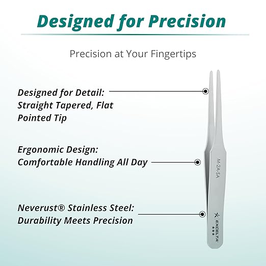Excelta M-2A-SA Miniature Straight Tapered Flat Pointed Tweezer, Neverust Stainless Steel, 2.8 Inch, for Labels & SMD Components, Swiss Made, Professional