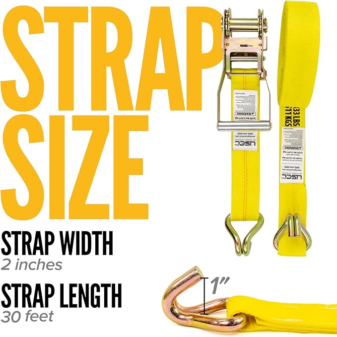 US Cargo Control Wire Hook Ratchet Strap 2 Inch x 30 Foot, 10,000 LBS Break Strength, Ratchet Straps Heavy Duty with Double J Hooks, Cargo Tie Downs for Flatbed Trailers and Trucks