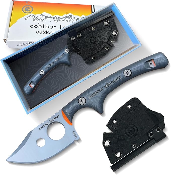 OUTDOOR ELEMENT Contour Feather Survival and Culinary Knives ??VG10 Steel Fixed Blade with Fire Starter, Hex Driver, Knife Sharpener, Sheath & Built in Whistle - Built For Camping & Outdoor Adventure