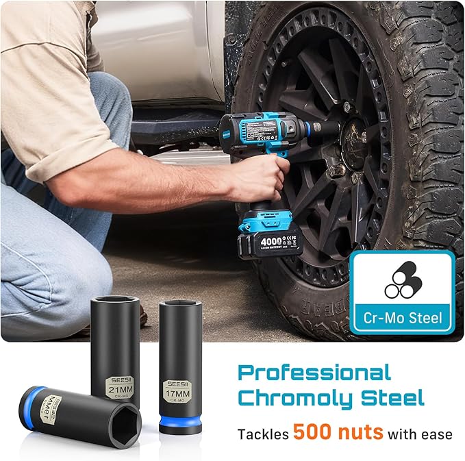 SEESII CR-MO 1/2" Drive Impact Socket Set with Magnetic Organizer, 11pc Deep Metric (10-24mm), 6-Point for Impact Wrench & Ratchet, Professional for Lug Nut, Wheel & Suspension Repair