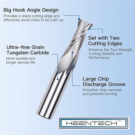 KEENTECH 1/4" Shank Upcut 2 Flute Flat Tip Sprial Router Bit for CNC Router Machine, 1/8" Cutting Diameter, 1/2" Cutting Depth, for Wood Cutting, Custom Furniture, Slot Mortise, Engraving, Carving