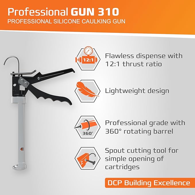 DCP Professional Gun 310 Caulking Gun 10 fl.oz. ??Manual Tool for Silicone, Polyurethane, Acrylic, 12:1 Thrust Ratio