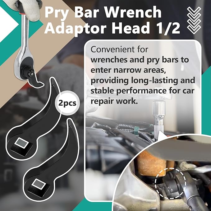 2 Pcs Pry Bar Wrench Adaptor Head - Square Crowbar Adapter Head Tools Fits 1/2" Drive Ratchets, Half Shaft Removal Car Repairing Tools for Tight Spaces