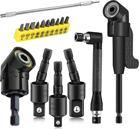 17Pcs Tools Flexible Drill Bit Extension,Include 3Pcs Rotatable Socket Adapter 2Pcs Hex Shank 105째 Right Angle Drill Attachment 10 Short Screwdriver Bits 90째 Angled Bits & Bendable Drill Bit Extension
