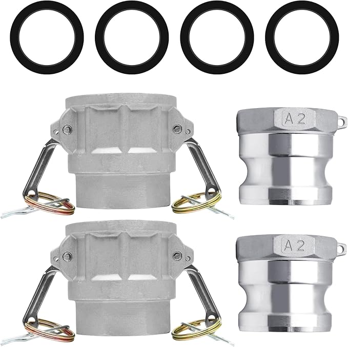 2" Cam & Groove Hose Fittings Kit, 2 PCS Aluminum Camlock Type D200 + 2 PCS Aluminum Cam Lock Fittings Type A200 with Sealing Gasket