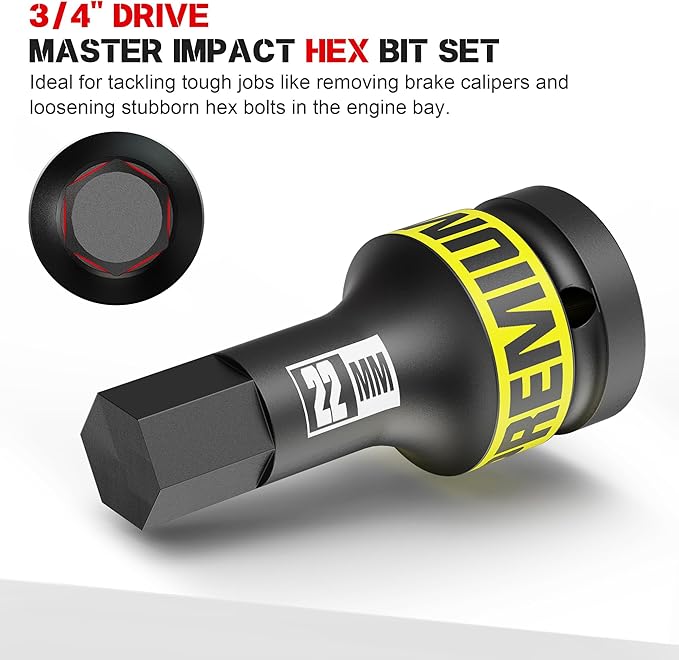 3/4" Drive Impact Hex Bit Set, 5 Piece Allen Bit Socket Set, 14-24mm, Metric, Cr-Mo Steel, Professional Mechanic Automotive Repair Socket Set